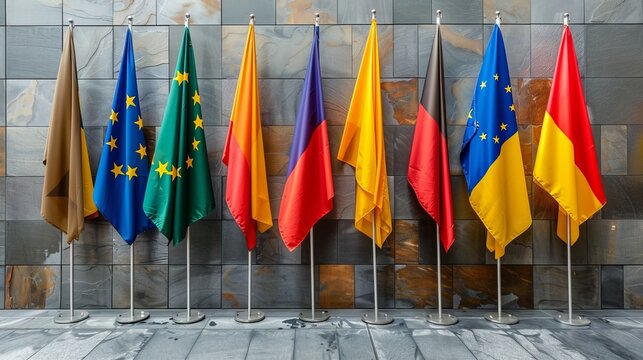 An impressive display of various national and regional flags arranged neatly against a textured stone wall, symbolizing unity, diversity, and international collaboration. - Powered by Adobe