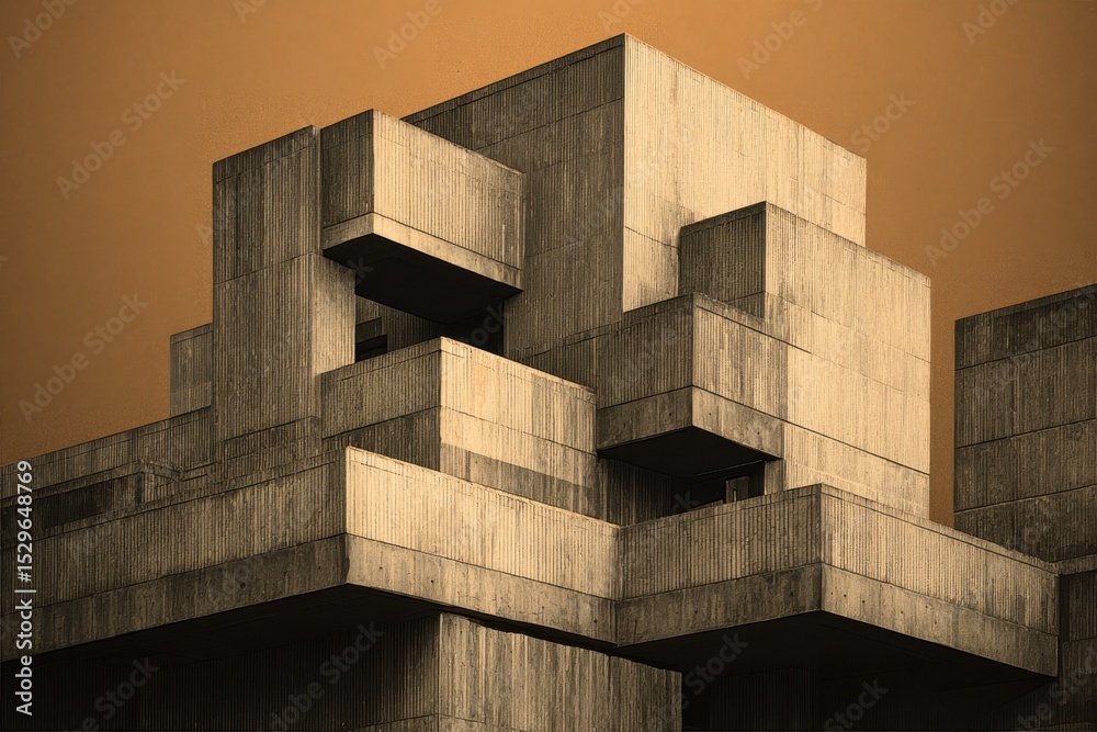 Poster Brutalist Architecture With Concrete Blocks and Sharp Angles, Representing Urban Planning and Corporate Identity : Generative AI