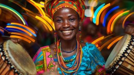 A joyful woman adorned in colorful attire passionately plays drums, radiating energy and celebration, amidst an ambiance of rhythm and cultural expression.