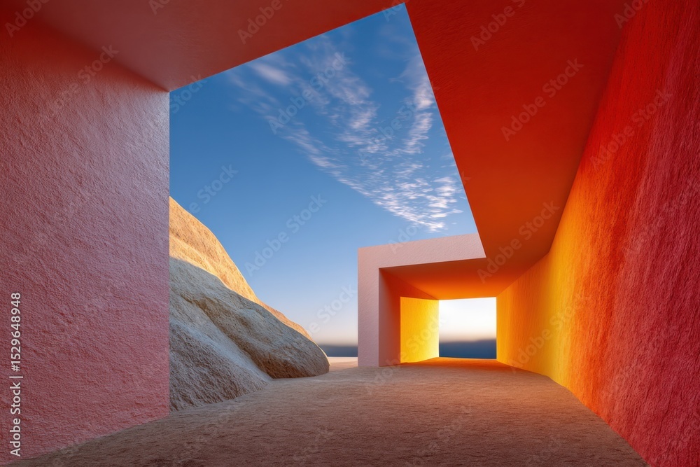Poster Abstract Architecture With Orange Walls and Sky View, Representing Innovative Design and Creative Inspiration for Real Estate and Modern Living : Generative AI