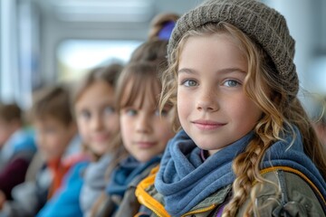 Obraz premium A stylish young girl wearing a cozy beanie looks confidently at the camera. Her sparkling eyes and charming smile create an artistic and captivating portrait.