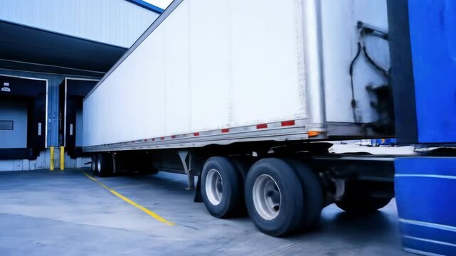 A blue semi-truck parked in a loading area. The truck has a large trailer and is surrounded by other trucks in a commercial setting.