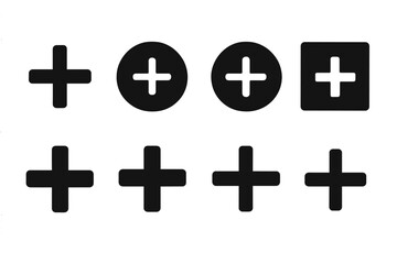 Fototapeta premium Solid Add Icons. Solid style icons of basic add actions: plus icon, big + button, add circle icon, square with plus, solid filled