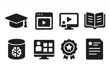 Digital Learning Icons. Solid style icons of learning in digital marketing: graduation cap, course icon, e-learning screen,
