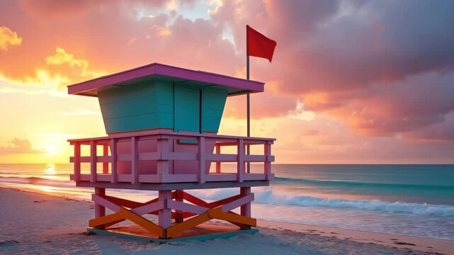Lifeguard tower on Miami beach at sunset. Pink, blue painted wooden hut and red flag. Beautiful sky reflecting sunlight. Protect swimmers on vacation at tropical coastline.