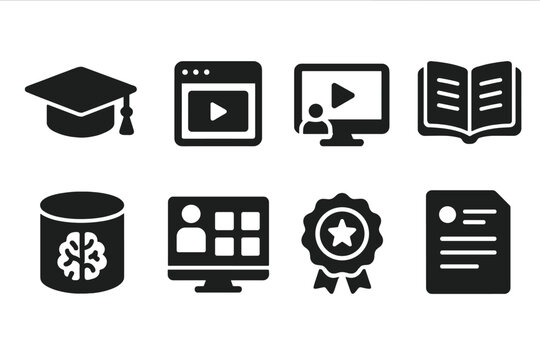 Digital Learning Icons. Solid style icons of learning in digital marketing: graduation cap, course icon, e-learning screen,