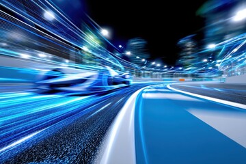 Futuristic Race Car Speeding on Track at Night, Illustrating Innovation and Automotive Engineering : Generative AI