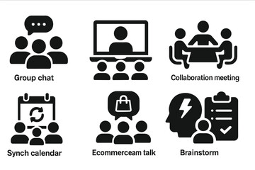 Team Meeting Icons. Solid style icons of team meetings: group chat icon, remote team call, collaboration meeting, sync calendar,