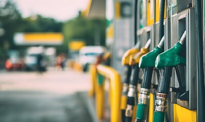 Colorfull fuel gasoline dispenser background. Fuel pumps station close up green and yellow