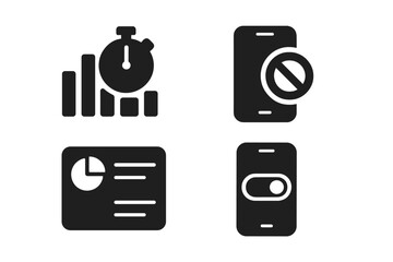 Screen Time Icons. Solid style icons of screen time tracking: bar graph with timer, screen discipline icon, session stats panel,