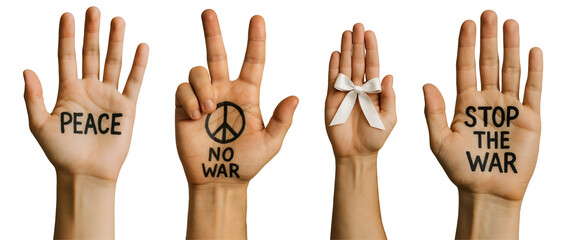 Peace Hands PNG – White Ribbon and Anti-War Messages Written on Hands – Protest and Solidarity Concept – Transparent Background
