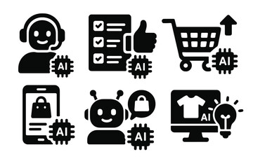 AI Shopping Icons. Solid style icons of AI in online shopping: smart assistant icon, recommendation engine, predictive cart, smart