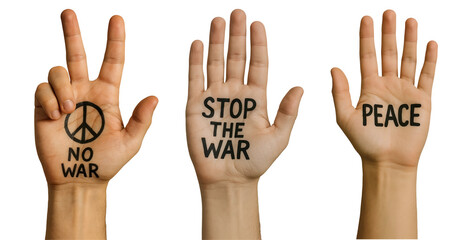 No War Hands PNG – Peace and Protest Messages Written on Raised Hands – Stop War Concept – Transparent Background

