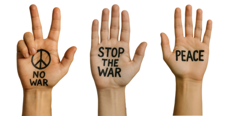 No War Hands PNG – Peace and Protest Messages Written on Raised Hands – Stop War Concept – Transparent Background
