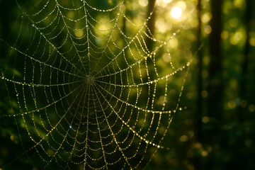 Morning Dew on Spiderweb Nature's Intricate Beauty in the Forest