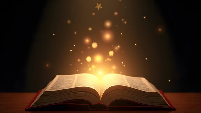 Open book Bible on wooden desk with mystic bright light fantasy light like holy spirit on black bokeh background magic poster 3d illustration