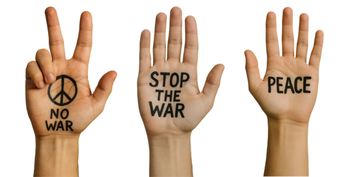 No War Hands PNG – Peace and Protest Messages Written on Raised Hands – Stop War Concept – Transparent Background
