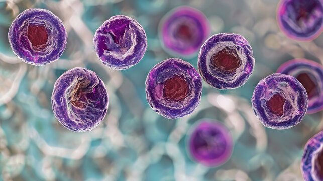 An intricate microscopic image showcasing replicating cells in vibrant colors, illustrating biological processes and the complexity of life at a microscopic level.