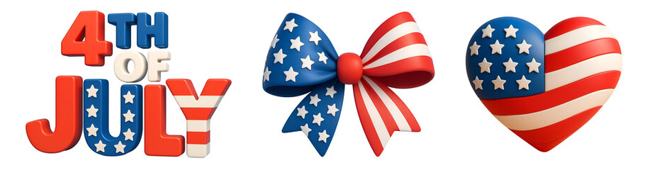4th of July USA PNG – 3D Bow and Heart with American Flag for Independence Day – Transparent Background
