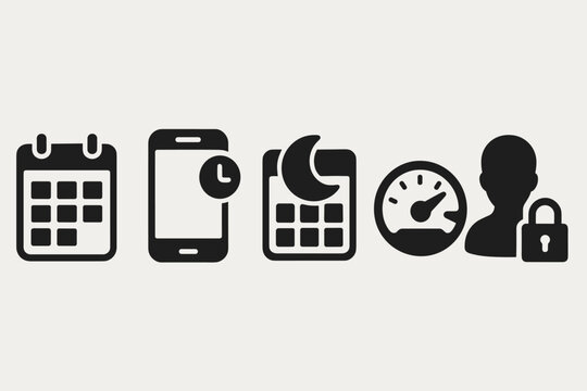 App Usage Limit Icons. Solid style icons of app limit settings: calendar with app usage blocks, limit icon on notification screen,