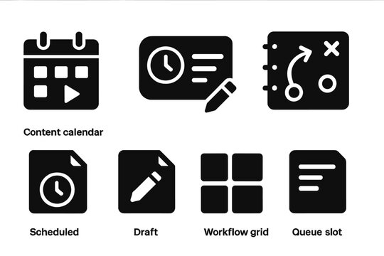 Content Planning Icons. Solid style icons of content planning: content calendar, timeline card, planner page, strategy map. Solid