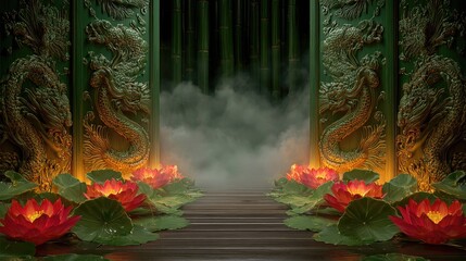 Ornate green panels with gold dragons and lotus blossoms.