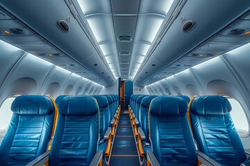 The image features a modern airplane interior showcasing rows of blue seats illuminated by overhead lights, creating a clean and comfortable travel environment.