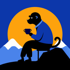 Vector illustration of a monkey sitting on a mountaintop and drinking coffee.