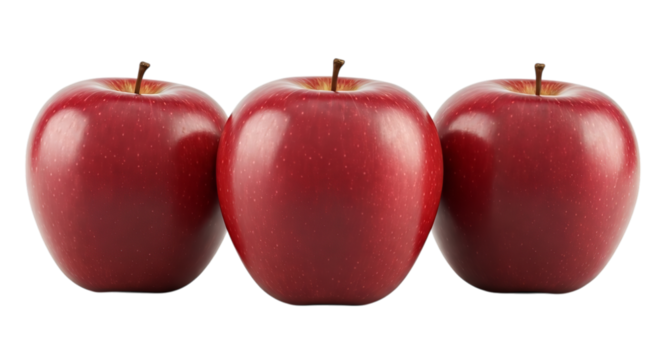 Three shiny red apples aligned in a row on a black background with visible stems and smooth surfaces