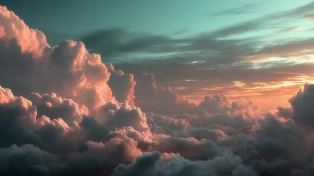 Sky's Celestial Embrace. Witness the ethereal dance of clouds painted with the soft hues of dawn, creating a scene of tranquil majesty and inspiring serenity. background.