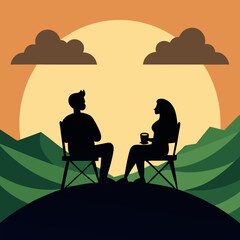 Vector illustration of a couple sitting on a mountaintop drinking coffee.