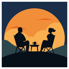 Vector illustration of a couple sitting on a mountaintop drinking coffee.