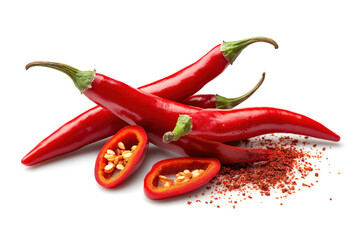 Fresh red chili peppers, some whole and some cut open with seeds and crushed flakes on a white background