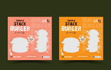  Burger social media post vector illustration. Square size, food promotion simple web banner frame, Social media post food template, Facebook social media post Design with mockup template