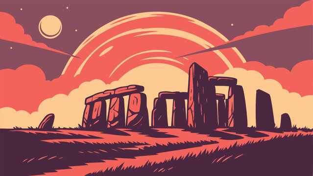 Sunset over Stonehenge A Vector Illustration of Prehistoric Megaliths at Dusk