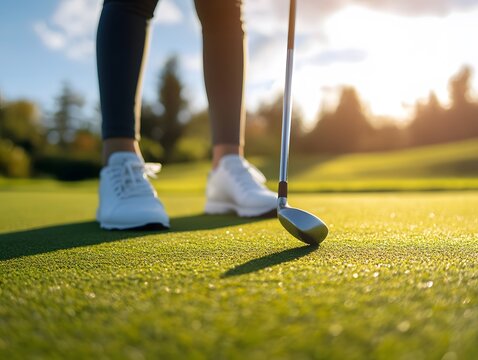 woman golfer putting on green calm scene mockup