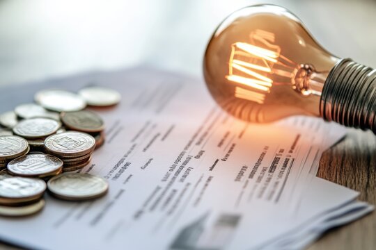 Counting and Calculate Cost Money of Electricity and Heating Bill. Electric Cap, Glowing Light Bulb and Euro Banknotes on the Background. Increase in the Cost of Electricity. Price Hike. Energy Crisis