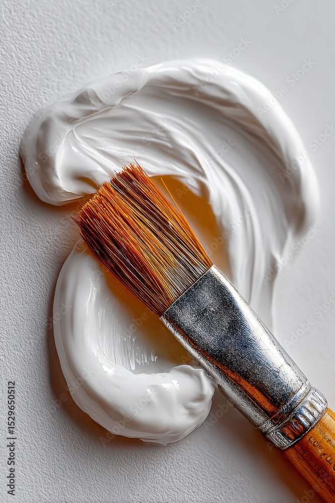 Poster paintbrush resting on swirl of white paint, representing artistic expression and creative inspiratio