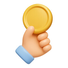 hand holding coin 3d render icon isolated on transparent background cutout