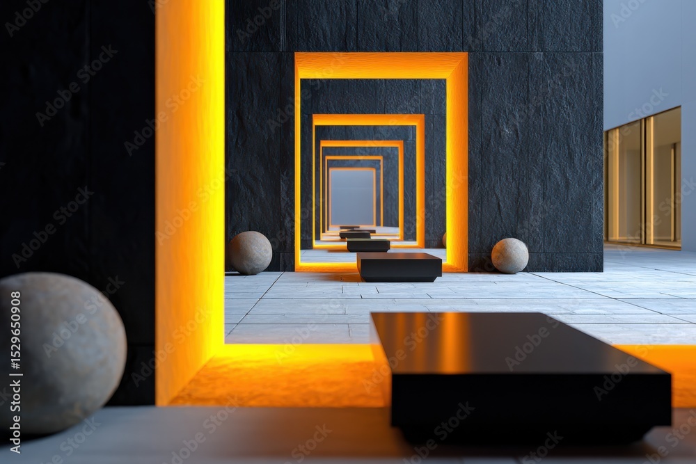 Poster Abstract Corridor of Glowing Orange Frames With Minimalist Black Tables, Representing Innovation and Architectural Design for Modern Real Estate : Generative AI
