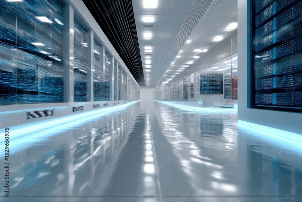 Aufkleber Futuristic Data Center With Rows of Servers, Showcasing Technology Infrastructure and Digital Transformation for Cloud Computing Solutions : Generative AI