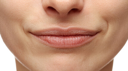 Obraz premium Close up of perfect natural female lips smiling slightly, showing healthy skin and lip texture on a transparent background, ideal for beauty and cosmetic projects