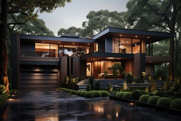 This striking modern house features a sleek design with wooden accents, nestled within a green landscape, showcasing a harmonious blend of nature and contemporary architecture.