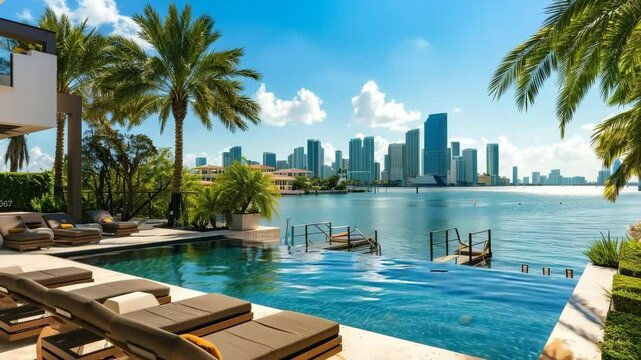 Luxurious Miami home with pool and view of the city skyline, in the background is Bayside Beach with boats docked.