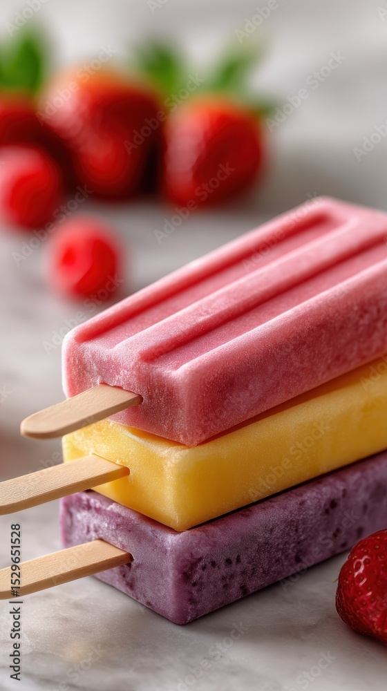 Aufkleber stacked popsicles with strawberries on marble surface, representing summer indulgence and refreshmen