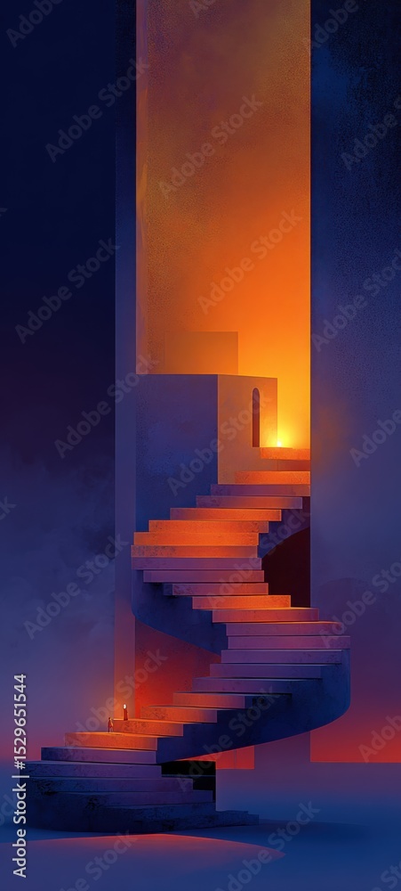 Poster spiral staircase ascending to warm light with figures, symbolizing ambition and career progression, 