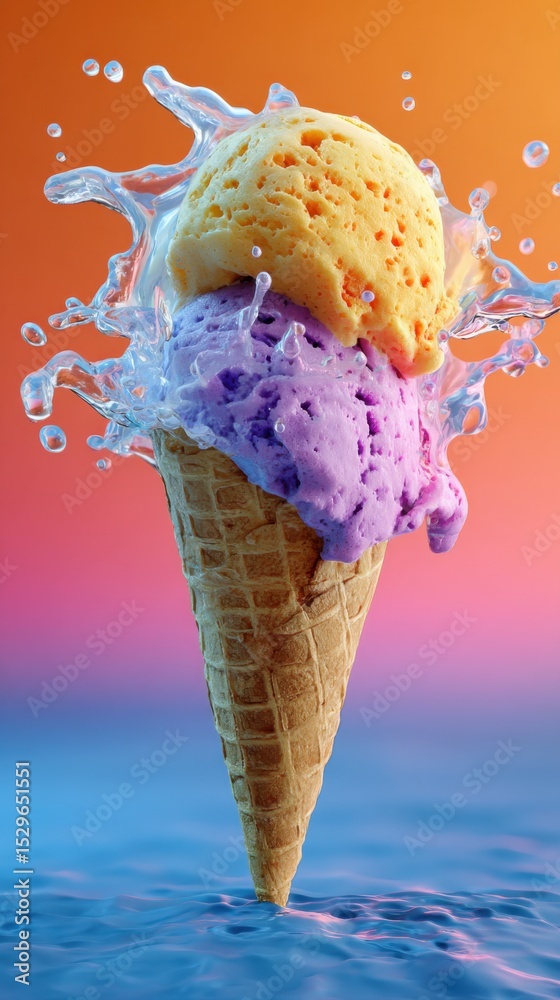 Poster two scoops of ice cream in a cone with water splash, representing summer fun and sweet indulgence fo