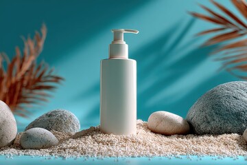 White Pump Bottle on Beige Granules With Stones, Displaying Natural Beauty and Sustainable Packaging for Eco-Friendly Products and Personal Care : Generative AI
