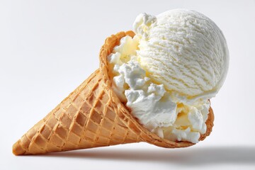 Vanilla Ice Cream Cone on White Background, Representing Summer Indulgence and Childhood Nostalgia for Food Bloggers and Recipe Developers : Generative AI