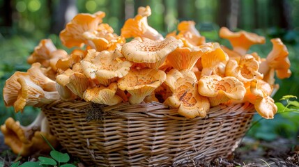 A beautiful collection of chanterelle mushrooms displayed in a natural woven basket, capturing the essence of nature's bounty in a lush forest setting.